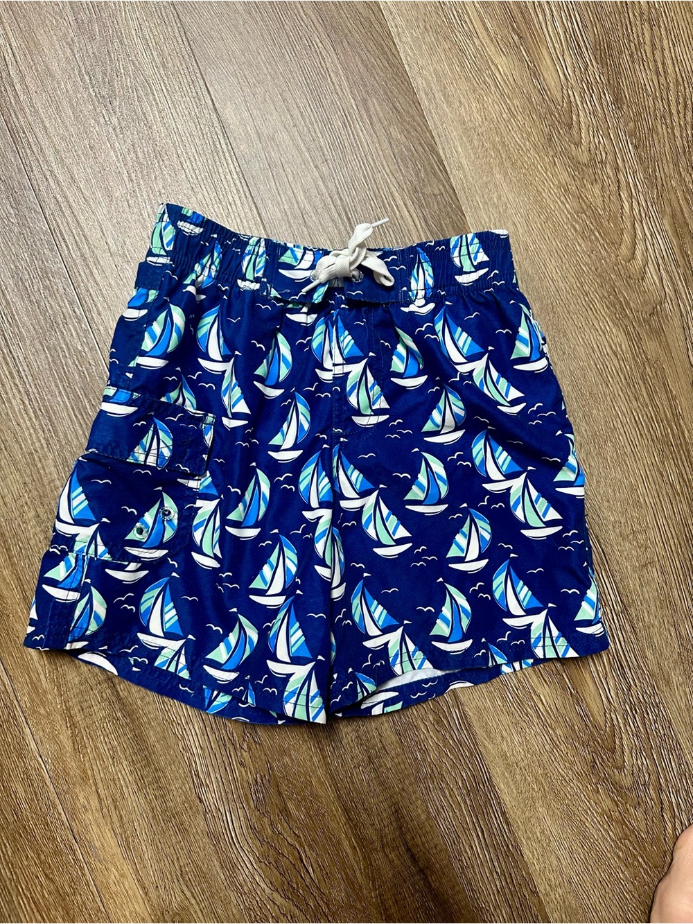 Viv & Lou Kids Medium Navy Sailboat Print Swim Shorts Nautical